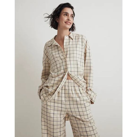 Madewell Other - Madewell Plaid Flannel Long Sleeve Pajama Set Women’s Small Cream Lounge Cozy